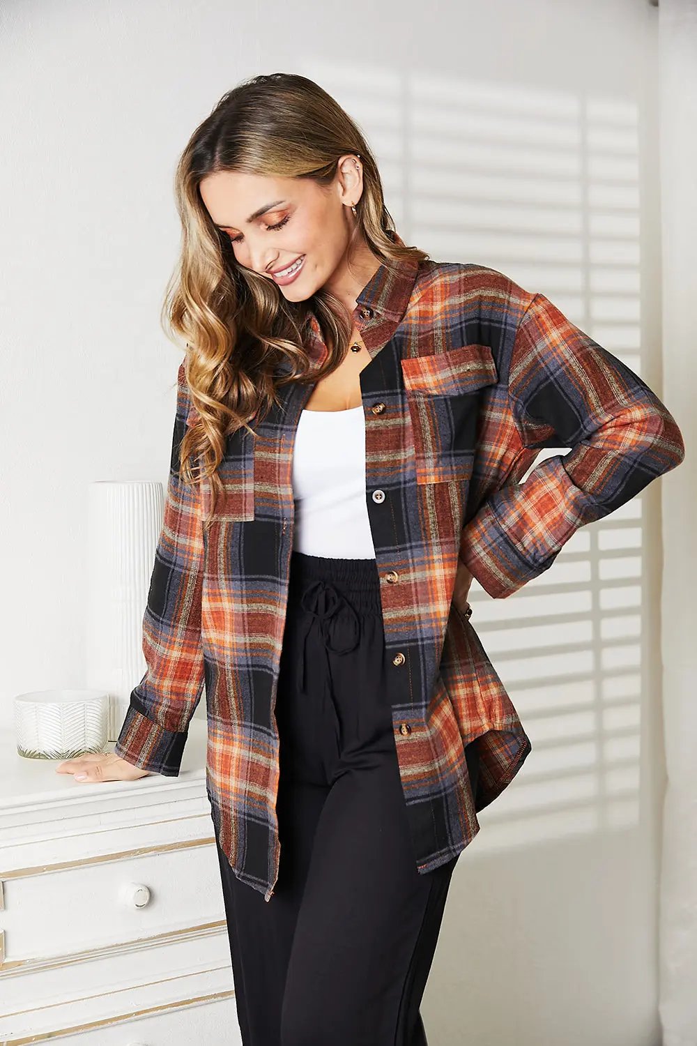 Double Take Plaid Dropped Shoulder Shirt - Love Salve